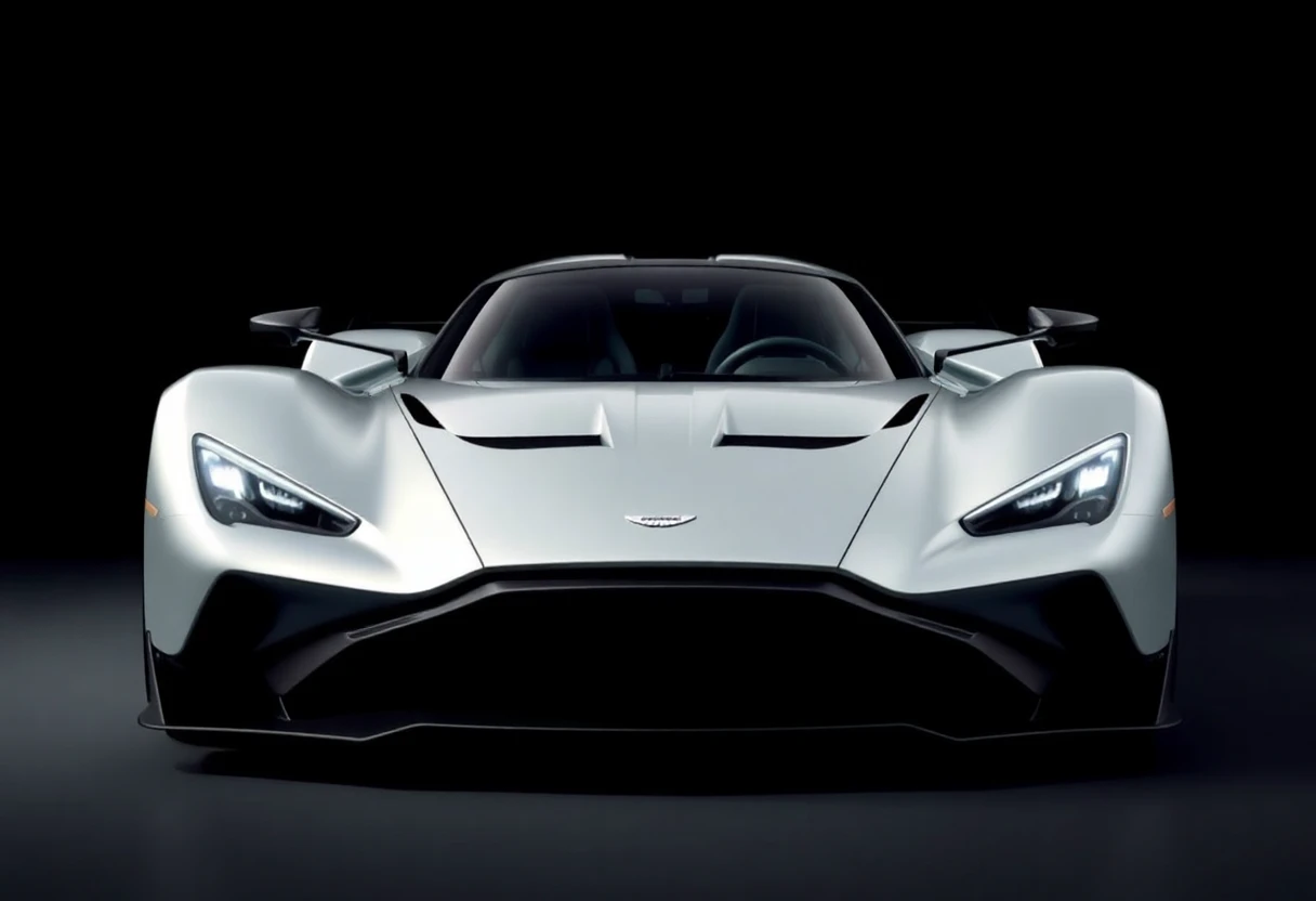 Aston Martin Valkyrie, hypercar futuriste argent, vue de trois quarts avant